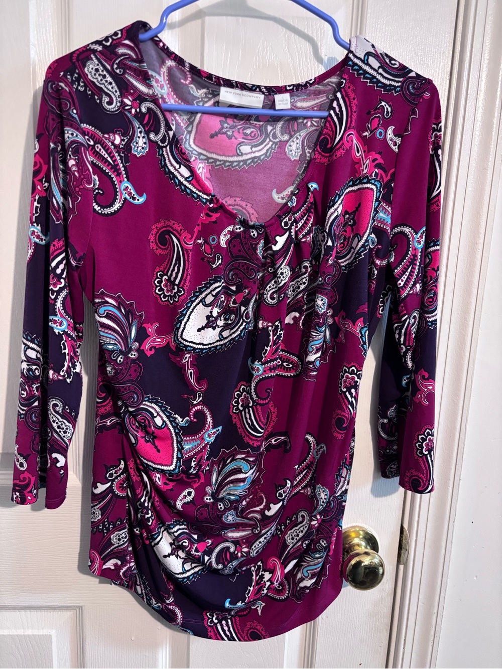 New York & Company Fuchsia Paisley Long-Sleeve Scoop Neck Dress